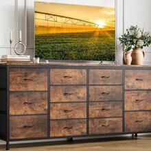 Mueble de TV con cómoda y estación de carga para TV de 65, 70 y 75 pulgadas, soporte para dormitorio con 14 cajones, cómoda larga para dormitorio, centro de entretenimiento con almacenamiento, cómoda de tela para sala de estar - Marrón - Ver 1