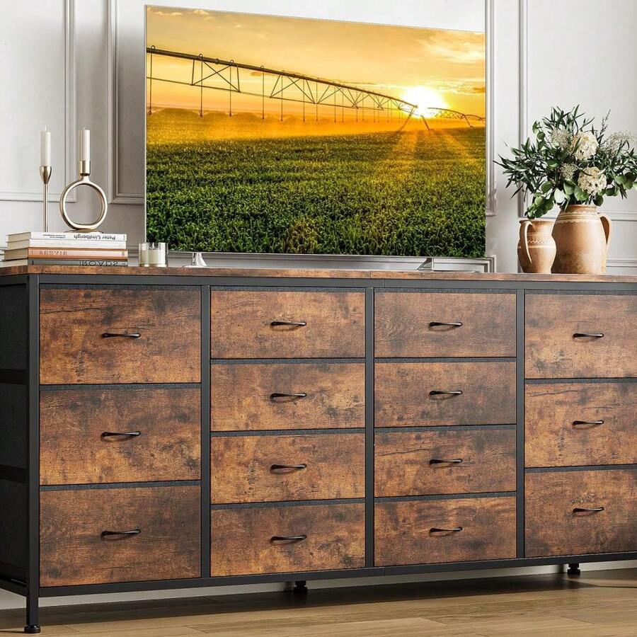 Mueble de TV con cómoda y estación de carga para TV de 65, 70 y 75 pulgadas, soporte para dormitorio con 14 cajones, cómoda larga para dormitorio, centro de entretenimiento con almacenamiento, cómoda de tela para sala de estar - Marrón - Ver 1