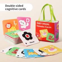 26 Tarjetas de letras del alfabeto coloridas + 26 tarjetas cognitivas en blanco y negro, diseño de doble cara para promover el desarrollo visual de bebés de 0 a 3 meses con elementos coloridos y monocromáticos