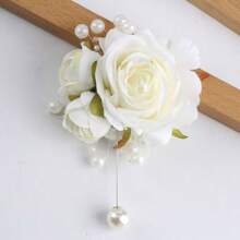 1pc Unisex Elegant Beige Rose & Pink Rose Bud Pearl Brooch, Suitable For Groom, Bride, Groomsman, Bridesmaid, Wedding, Prom, Party, Banquet