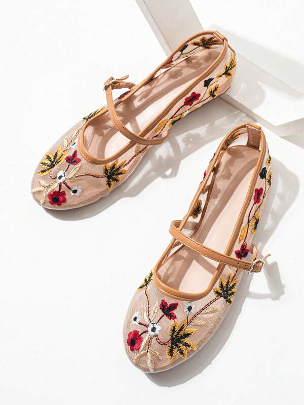 Women's Breathable Mesh Roman Style Flat Shoes, Floral Embroidery Mesh Design Round Toe Soft Ballet Flats, Suitable For Vacation, Casual And Daily Wear