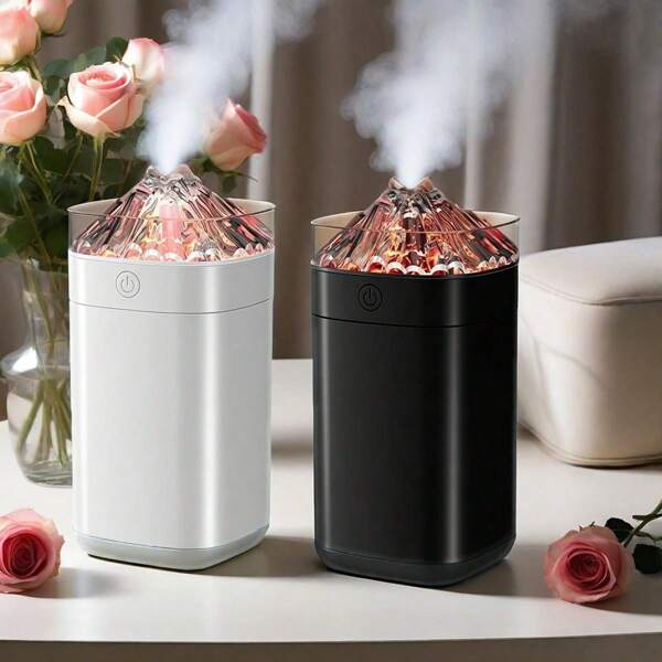 1 Humidificador de aire para auto portátil USB, Generador de vapor de aroma con forma de volcán, Lámpara LED con atenuación automática, Humidificador de aire, Funcionamiento silencioso, Genera vapor a través de ondas de sonido, Adecuado para el hogar, la sala de estar, el dormitorio, el coche, el bar, regalo de cumpleaños