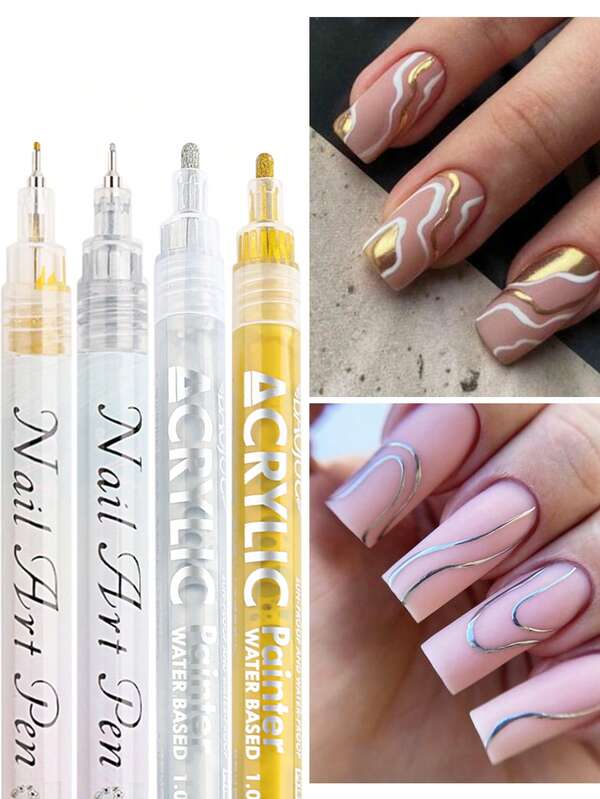 4 pièces Stylo de dessin pour nail art doré argenté 0,7/1 mm, stylo acrylique pour graffiti, peinture imperméable pour tracé de ligne 3D abstraite, outil de beauté pour manucure