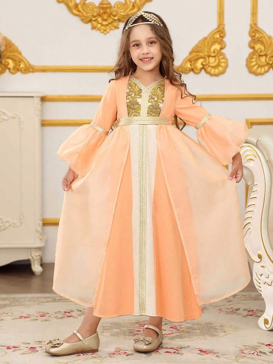 Middle Eastern Dubai Style Girls' Embroidered V-Neck Lantern Sleeve Long Dress, Ramadan Eid Festival Celebration Dress - Coral Orange - View 1
