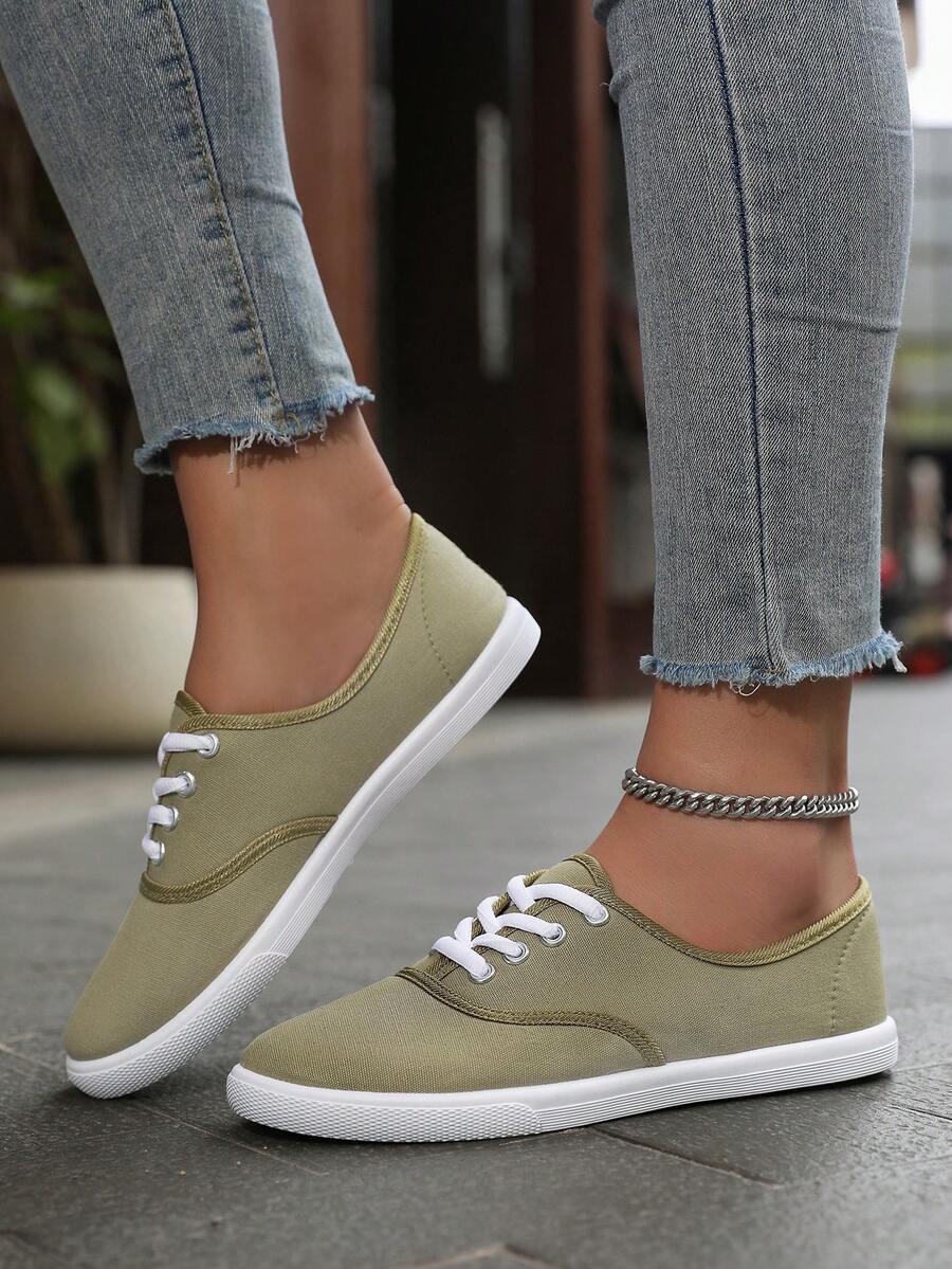 Women's Classic White Sneakers, Low-Top White Canvas Shoes, Lightweight Casual Canvas Athletic Shoes - Dark Khaki - View 1