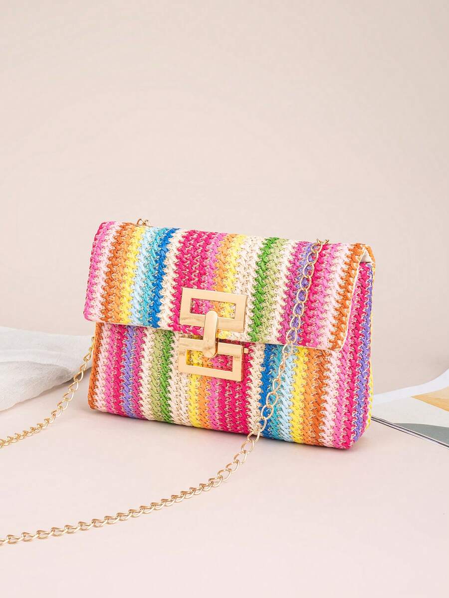 Damen gestreifte Urlaubstasche, einfache Klappe mit Schloss Schultertasche, Ketten Umhängetasche, Strandtasche, Umhängetasche, regenbogenfarbe quadratische Clutch, gewebte Handtasche - Verschiedenfarbig - Übersicht 1
