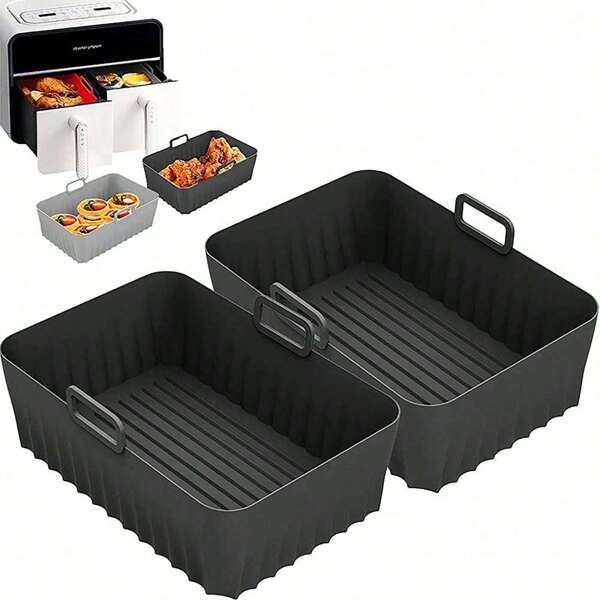 2 Stücke wiederverwendbare Silikon Luftfritteuse Einlagen, Bio-Silikon Luftfritteuse Matten, Luftfritteuse Zubehör, Küchenutensilien zum Ersetzen von Einweg-Backblechen, Schwarz, kompatibel mit Foodi DZ201, DZ401, DZ550, COSORI, Chefman, Instant Luftfritteusen und 6-in-1 8-10 Liter Luftfritteuse Körbe