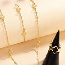1 Set: 1 Necklace, 1 Bracelet, 1 Ring Hollow Flower Clover Metal Jewelry Set, Elegant And Graceful Jewelry Gift For Women