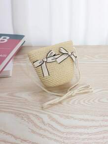 1 pieza Bolso de paja cruzado con lazo estilo princesa lindo para niñas, atuendo de princesa para usar en la playa y el día a día