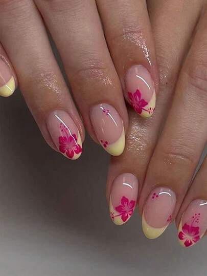 24pcs Short Oval Press On Nails Short French Tip Nails Flowers & Line Art Deaign Glossy Full Cover For Women Girls Fake Nails Y2K