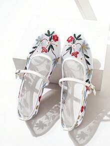 女士透气网眼平底鞋，花卉刺绣设计，圆头软芭蕾舞鞋，适合度假、休闲和日常穿着 - 白色 - 查看 4