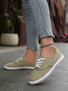 Women's Classic White Sneakers, Low-Top White Canvas Shoes, Lightweight Casual Canvas Athletic Shoes - Dark Khaki - View 2