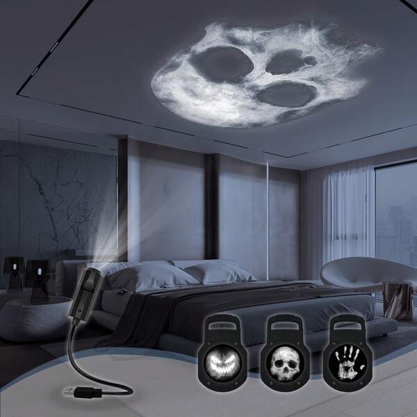 Luz de proyección LED giratoria a 360° con diseños de calavera/huella de mano/expresión/araña - Luz decorativa de Halloween con alimentación por USB, con un diseño realista, perfecta para decoración del dormitorio, sala de estar, techo y pared, decoración de Halloween
