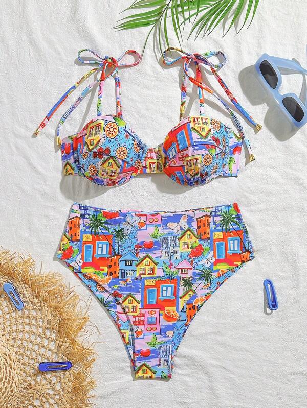 Sexy Underwired Floral Print Bikini 2 Pieces Swimsuit, Beach Resort Casual Women Separates