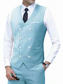 Men's 3 PiecesSuit Set, Including Jacket, Vest, And Pants - Slim Fit, Solid Color, Stretchy Material, Business/Formal Wear - Baby Blue - View 4