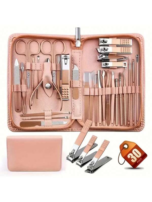 30pcs Classic Manicure And Pedicure Set, Includes Stainless Steel Nail Clippers, Cuticle Nipper, Tweezer, Nail File, Curved Blade Edge - Odorless Hand, Foot, Face Care Tools, PU Leather Case