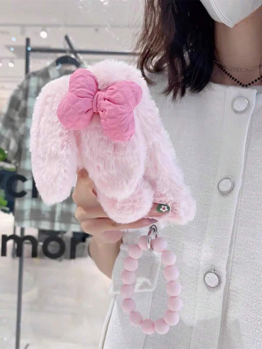 1pc Fluffy, Warm Rabbit Ear With Bow Handwear, Cute For Autumn/Winter - Pink - View 1