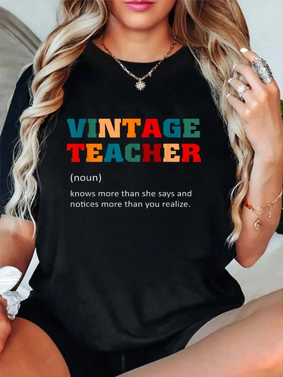 Vintage Teacher Definition Teaching T-Shirt Summer Outfits For Women T Shirts Women Graphic Tees Women - Black - View 1