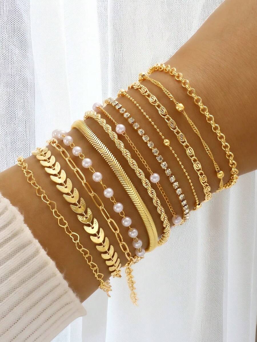 12 件/套复古优雅人造珍珠心形水晶飞机链手链套装，Y2K 个性化甜美简约多层佩戴银色珠宝，是送给女性、度假、派对、约会、情人节、母亲节的最佳礼物 - 銀色 - 查看 1