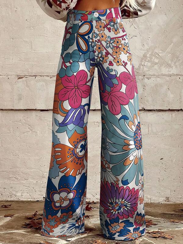 Colorful Floral Loose Fit Fashion Creative Retro Novelty Wide Leg Pants