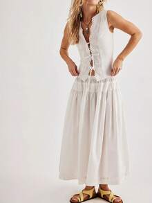 Women Long Skirt 2 Pieces Set Hollow Out Eyelet Lace Tie Front Vest And Skirt 2PCS Outfits Vintage Solid Color Set - 白色 - 查看 1