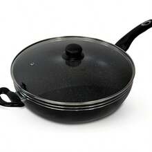 Non Stick Wok With Long Handle Deep Frying Pan With Lid & Induction Base, Pressed Aluminum Stir Fry Pan With Flat Bottom & Soft Touch Handle - 32cm - View 1