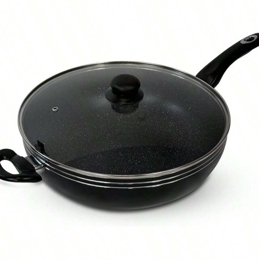 Non Stick Wok With Long Handle Deep Frying Pan With Lid & Induction Base, Pressed Aluminum Stir Fry Pan With Flat Bottom & Soft Touch Handle - 32cm - View 1