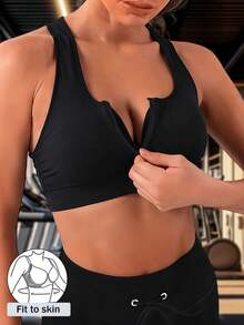 Women Zipper Sport Bra Gym Tank Tops Shockproof Racerback Removable Padding Wireless Bralette Training Bras Sexy Backless Mesh Yoga Compression - Black - View 5