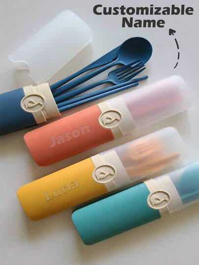 5pcs Personalized Name Cutlery Set Reusable Gift Travel Set, School Set Camping Set Back To School Gift Portable Utensils Set With Case Silverware For Lunch Camping School Picnic Workplace Travel, Box Includ Fork Spoon Knife And Chopsticks