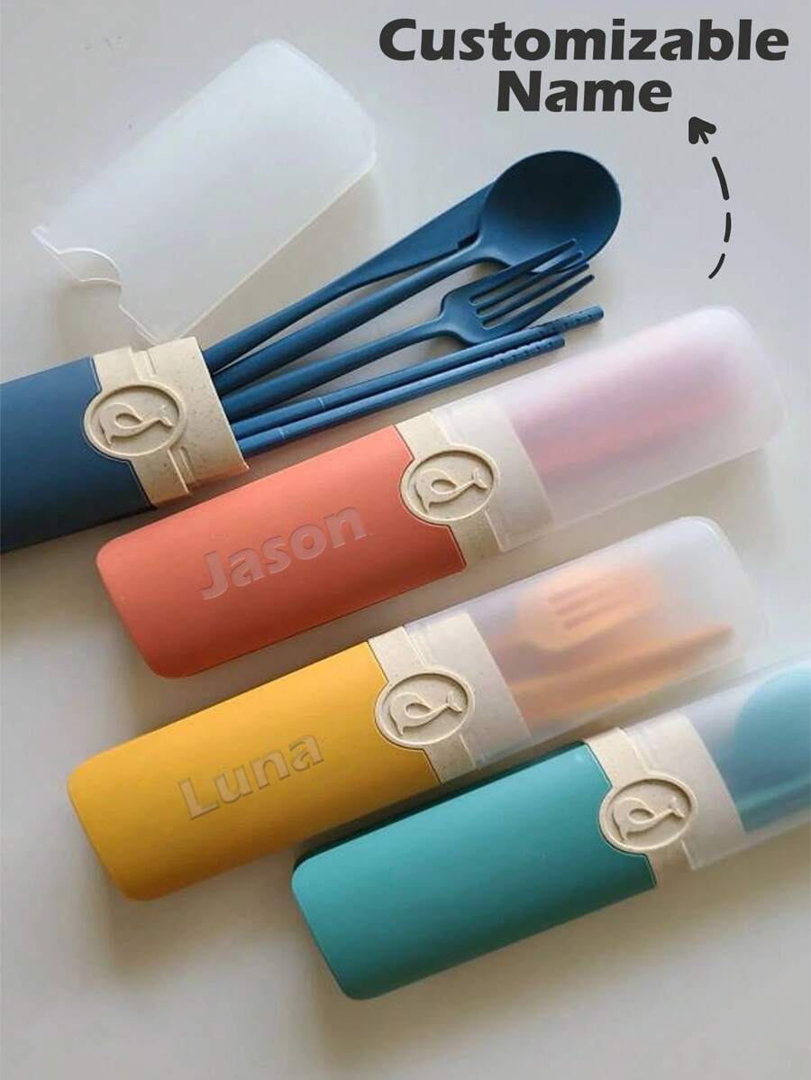 5 Peças Conjunto de Talheres Personalizados com Nome, Conjunto de Presentes Reutilizáveis para Viagem, Conjunto Escolar, Conjunto para Acampamento, Presente de Volta às Aulas, Conjunto de Utensílios Portáteis com Estojo, Talheres para Almoço, Acampamento, Escola, Piquenique, Trabalho, Viagem - Inclui Garfo, Colher, Faca e Pauzinhos