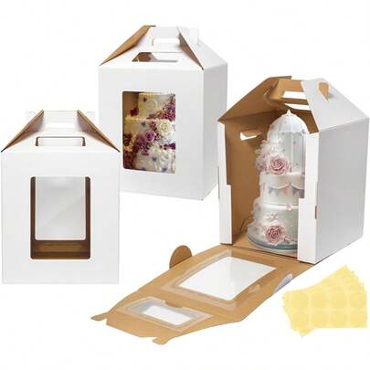 3 paquetes de cajas para tartas altas de 10x10x12 pulgadas para tartas de varios pisos. Cajas de transporte desechables para tartas altas con ventana y asa para bodas, cumpleaños, fiestas, suministros