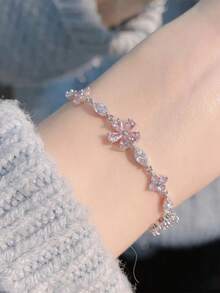 1pc Cherry Blossom Pink Crystal Bracelet, Suitable For Daily Wear, Zirconia Sakura Butterfly Charm Bell Bracelet For Women, Delicate And Chic, Elegant Feminine Gift - Pink - View 2