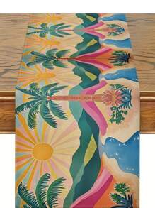 1pc Modern Sunface, Sunflower, Coconut Tree Printed Tablecloth, Kitchen Dining Room Decor, Holiday Decor, Home Gathering Decor, Home Decor, Scene Decor, Outdoor Dining Table, Coffee Table Decor