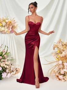 Damen V-Ausschnitt Abendkleid mit Fischgrätenmuster und rückenfreiem Schlitz Maxikleid, für Partys, Bankette, Hochzeitsfeiern, als Hochzeitsgast, Dinner, Ostern, Sommer, Abschlussballkleid