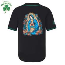 Kekambas Mexico Guadalupe Embroidered Baseball Jersey,Men's Gift,Button Short Sleeve Sports Jersey,Loose Breathable Soft Comfort V-Neck Top Jersey Men