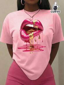 Women Round Neck Short Sleeve T-Shirt, Casual Lip Print, Spring/Summer - Pink - View 1