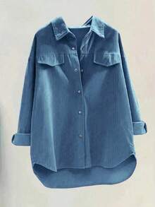 女士时尚涤纶翻领长袖落肩灯芯绒休闲衬衫，不对称下摆带纽扣细节