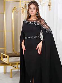 Women Elegant Full Sleeve Sparkling Pearls Rhinestone Birthday Evening Party Dress, Formal, Gown, For Wedding Guest - Black - View 2