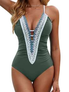 Women's Summer Tankinis Swimsuit Crochet Contrast Color Sleeveless V-Neck Bodysuit Bathing Suit - 軍綠色 - 查看 6
