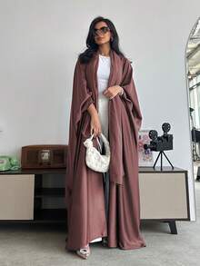 中东风格纯色宽松蝙蝠袖长款阿巴雅，配头巾，迪拜春季长袍 - 紅色 - 查看 3