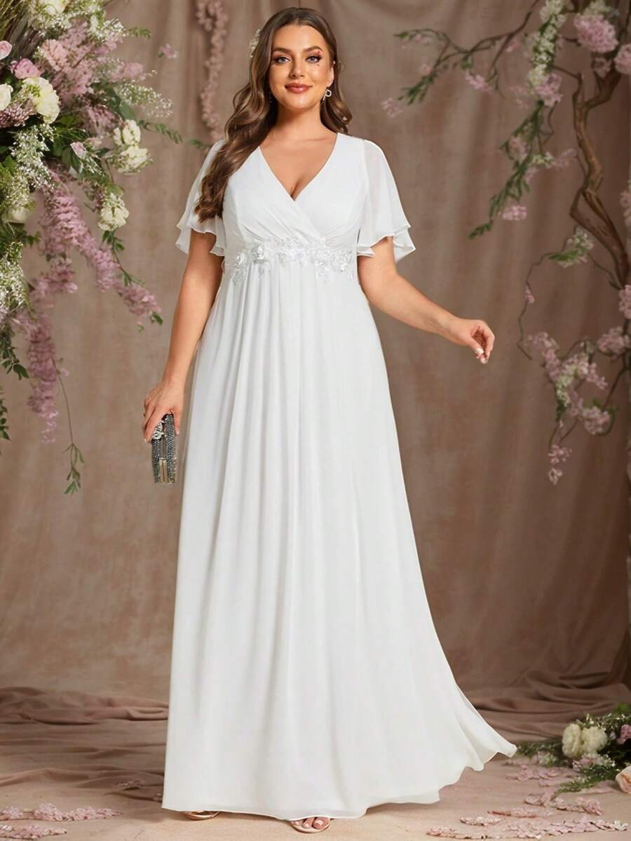 Plus Size Chiffon Floral Applique Short Sleeve Bridal Shower Dress Bachelorette Party White Dress Wedding Dress For Bride Engagement Dresses - White - View 1