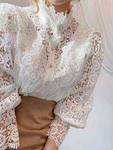 Women's Lace Blouse, Women's Shirt With Openwork Buttons And Lace - trắng - Xem 2