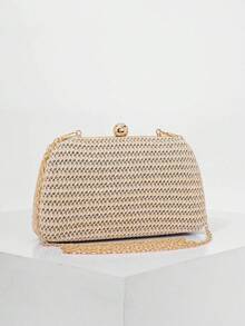 女士简约草编盒状晚宴包，适合婚礼、舞会和正式活动，派对钱包，手拿包，配有高品质链条肩带/斜挎带