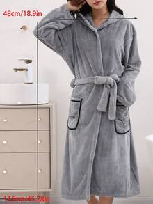 1pc Women's Solid Color Hooded Robe With Pockets And Belt, Long Sleeve Loungewear - View 3