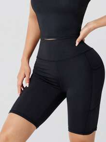 1pc Women's Dual Side Pocket Yoga Shorts - Summer Outdoor Sports Tight Fitted 5-Point Pants, High Waist High Elastic Thin Fitness Shorts