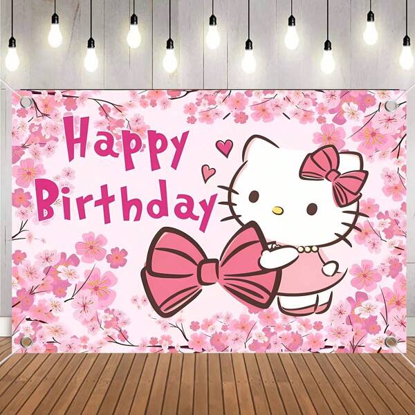 Sanrio 1 pieza Tela de fondo de cumpleaños de Sanrio con diseño decorativo rosa de Hello Kitty, tela de poliéster como telón de fondo adecuado para fiesta de cumpleaños, fiesta de revelación de género, 150 * 100cm