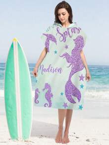 1pc Mermaid Print Hooded Robe - Super Soft Microfiber Beach Pattern, Suitable For Men, Women, Couples As Gift - Beach & Home Decor, Couple Cape | Microfiber Bathrobe, Suitable For All Holidays Back To School - Multicolor - View 11