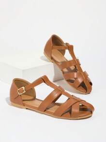 Nuevas sandalias romanas planas para mujer para exteriores, sandalias de mujer con decoración metálica en marrón, de punta redonda, de suela gruesa antideslizante, de varios tamaños, sandalias casuales, de paseo, de fiesta, bohemias y elegantes con hebilla para mujer
