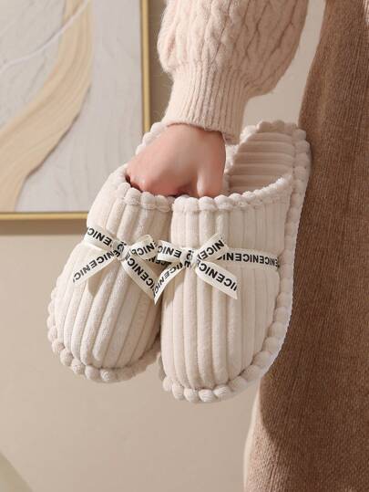 Pantofole da donna in materiale corduroyper autunno/inverno, con fiocco chiuso, pantofole da casa calde