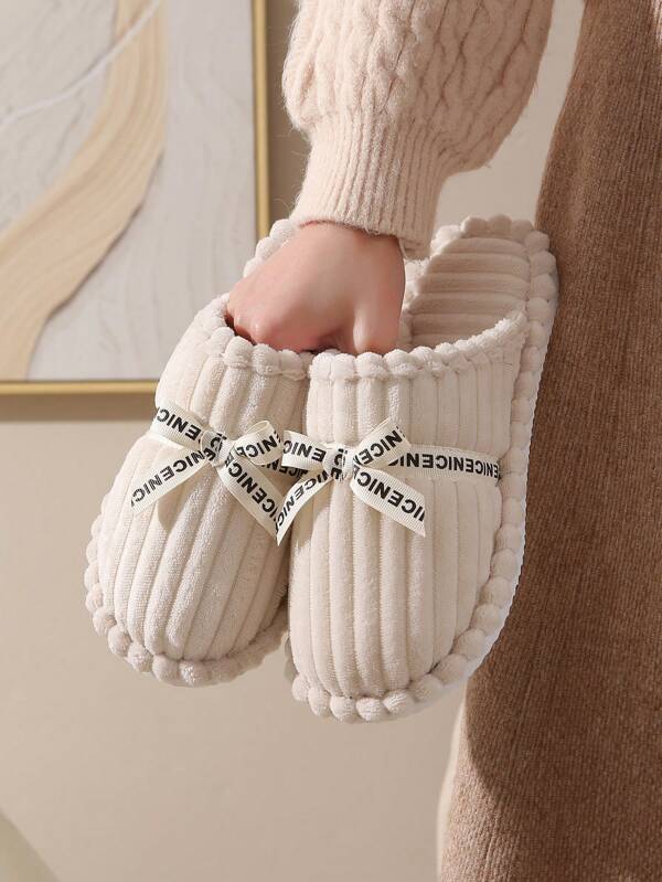 Women's Autumn/Winter New Corduroy Material Slippers, Bowknot Closed Toe Indoor House Warm Slippers